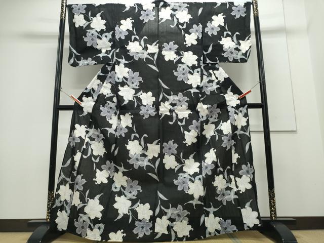 平和屋着物∴夏物 浴衣 百合 黒地 綿 逸品 CABH1207ng