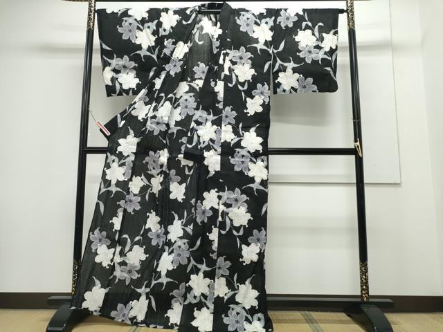 平和屋着物∴夏物 浴衣 百合 黒地 綿 逸品 CABH1207ng