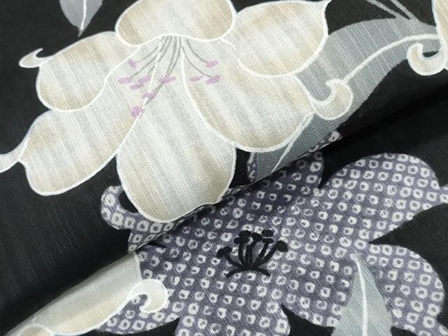 平和屋着物∴夏物 浴衣 百合 黒地 綿 逸品 CABH1207ng
