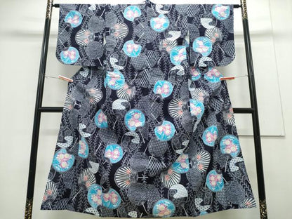 平和屋着物∴夏物　浴衣　注染　手縫い　団扇吉祥花文　日本製　綿　逸品　CABH1225ng