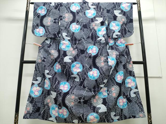 平和屋着物∴夏物　浴衣　注染　手縫い　団扇吉祥花文　日本製　綿　逸品　CABH1225ng
