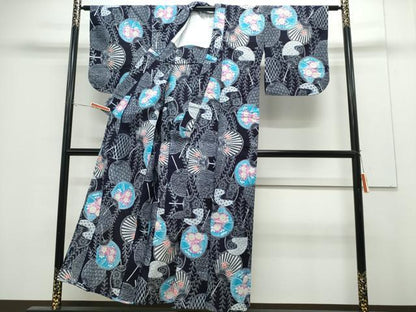 平和屋着物∴夏物　浴衣　注染　手縫い　団扇吉祥花文　日本製　綿　逸品　CABH1225ng