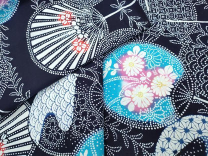 平和屋着物∴夏物　浴衣　注染　手縫い　団扇吉祥花文　日本製　綿　逸品　CABH1225ng