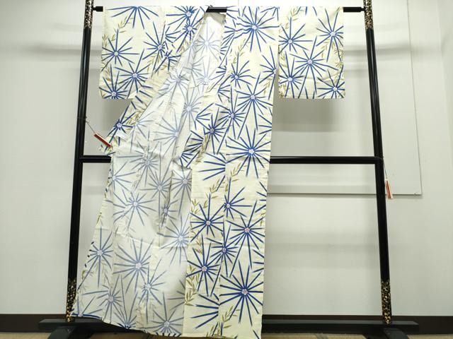 平和屋着物∴夏物　浴衣　麻の葉花文様　綿　逸品　CABH1227ng