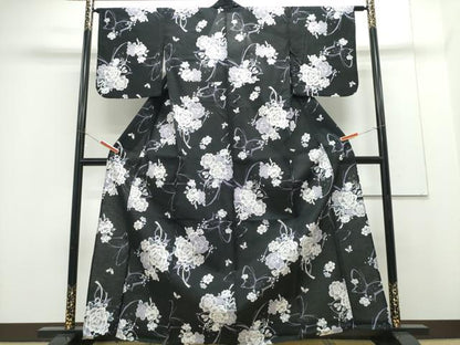 平和屋着物∴夏物　浴衣　花束舞蝶文　黒地　綿　逸品　CABH1228ng