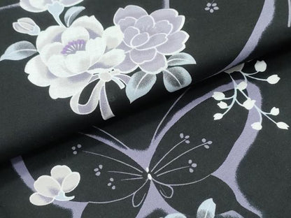 平和屋着物∴夏物　浴衣　花束舞蝶文　黒地　綿　逸品　CABH1228ng