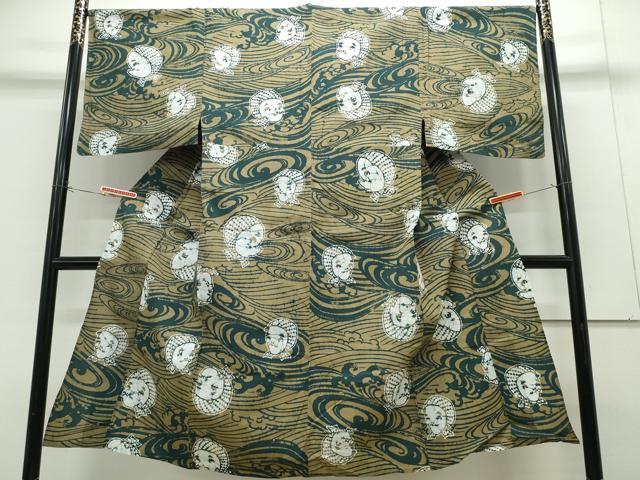 平和屋着物∴夏物　男性　浴衣　注染　おかめ・ひょっとこ　立波文　綿　逸品　CABH1236ng