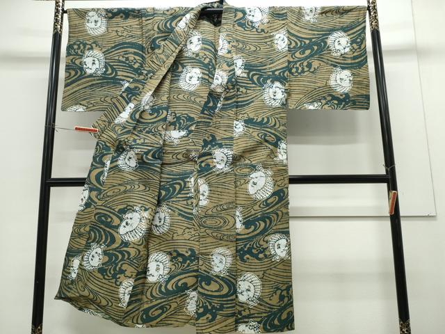 平和屋着物∴夏物　男性　浴衣　注染　おかめ・ひょっとこ　立波文　綿　逸品　CABH1236ng