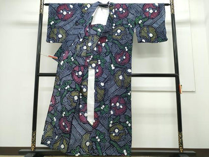 平和屋着物∴夏物　浴衣　有松鳴海絞り　流水団扇草花文　綿　逸品　CABH1237ng
