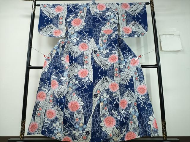 平和屋着物∴夏物　浴衣　注染　流水絵巻花文　日本製　綿　逸品　CABH1247ng