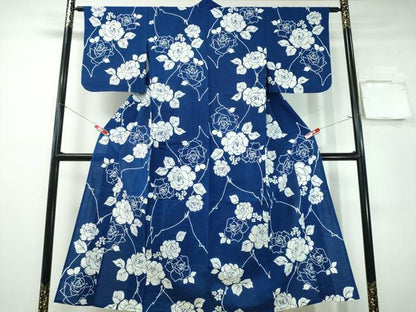 平和屋着物∴夏物　浴衣　藍　注染　手染め　手縫い　薔薇　日本製　綿　逸品　CABH1249ng