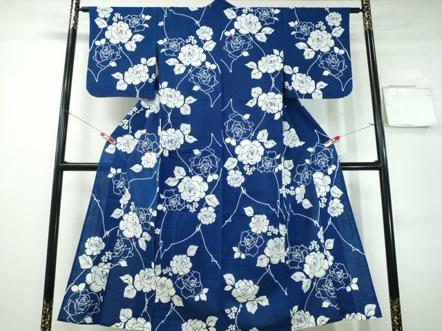 平和屋着物∴夏物　浴衣　藍　注染　手染め　手縫い　薔薇　日本製　綿　逸品　CABH1249ng