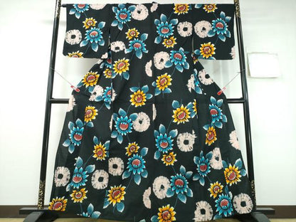 平和屋着物∴夏物　浴衣　向日葵　黒地　綿　逸品　CABH1252ng