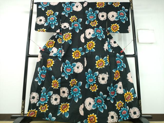 平和屋着物∴夏物　浴衣　向日葵　黒地　綿　逸品　CABH1252ng