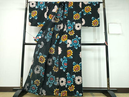 平和屋着物∴夏物　浴衣　向日葵　黒地　綿　逸品　CABH1252ng
