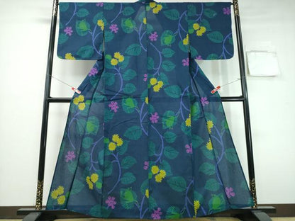 平和屋着物∴夏物　浴衣　カエル　蛙　木の実草花文　綿　逸品　CABH1269ng