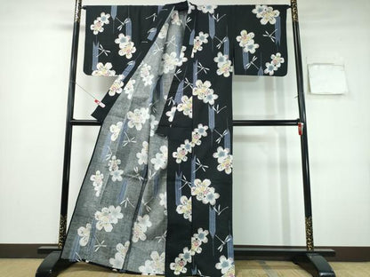 平和屋着物∴夏物　浴衣　トンボ　蜻蛉　撫子　黒地　綿　逸品　CABH1270ng