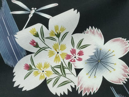 平和屋着物∴夏物　浴衣　トンボ　蜻蛉　撫子　黒地　綿　逸品　CABH1270ng