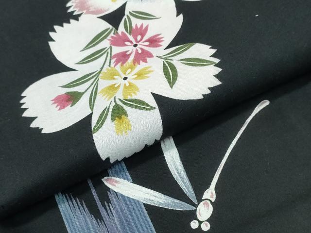 平和屋着物∴夏物　浴衣　トンボ　蜻蛉　撫子　黒地　綿　逸品　CABH1270ng