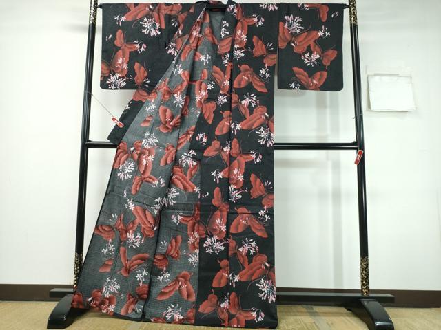 平和屋着物∴夏物　浴衣　綿紅梅　舞蝶花文　ラメ糸　黒地　綿　逸品　CABH1273ng