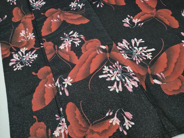 平和屋着物∴夏物　浴衣　綿紅梅　舞蝶花文　ラメ糸　黒地　綿　逸品　CABH1273ng