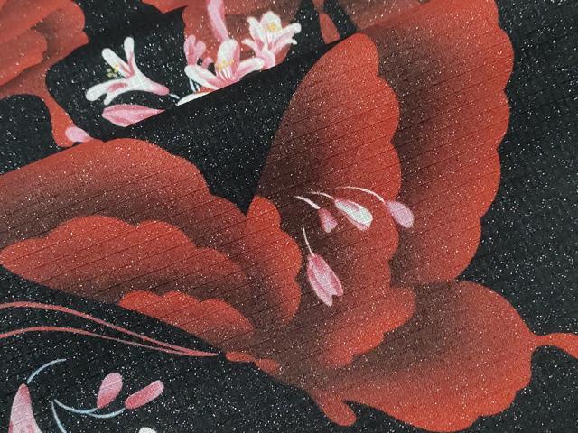平和屋着物∴夏物　浴衣　綿紅梅　舞蝶花文　ラメ糸　黒地　綿　逸品　CABH1273ng