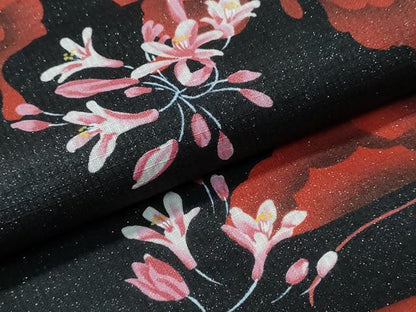 平和屋着物∴夏物　浴衣　綿紅梅　舞蝶花文　ラメ糸　黒地　綿　逸品　CABH1273ng