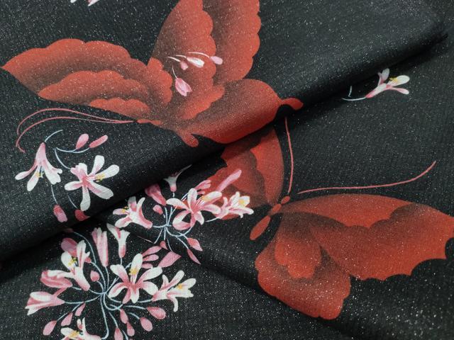 平和屋着物∴夏物　浴衣　綿紅梅　舞蝶花文　ラメ糸　黒地　綿　逸品　CABH1273ng