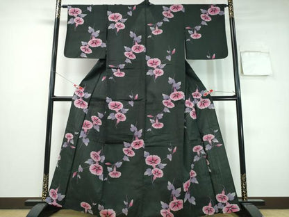 平和屋着物∴夏物　浴衣　朝顔　黒地　綿　逸品　CABH1274ng