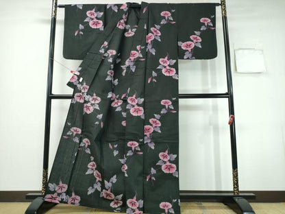 平和屋着物∴夏物　浴衣　朝顔　黒地　綿　逸品　CABH1274ng