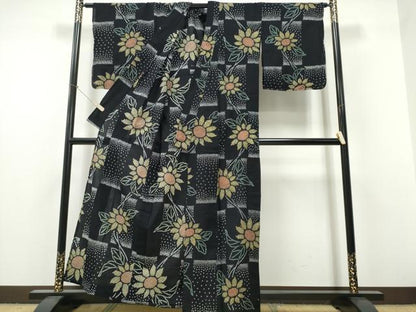 平和屋着物∴夏物　浴衣　有松鳴海絞り　菊文　黒地　綿　逸品　未使用　CABH1283ng