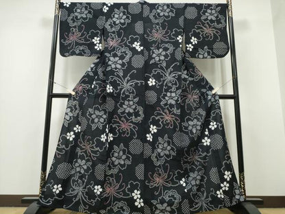 平和屋着物∴夏物　浴衣　有松鳴海絞り　乱菊　舞花文　黒地　綿　逸品　CABH1285ng