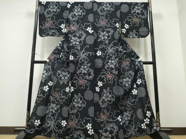 平和屋着物∴夏物　浴衣　有松鳴海絞り　乱菊　舞花文　黒地　綿　逸品　CABH1285ng