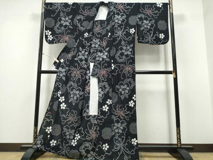 平和屋着物∴夏物　浴衣　有松鳴海絞り　乱菊　舞花文　黒地　綿　逸品　CABH1285ng