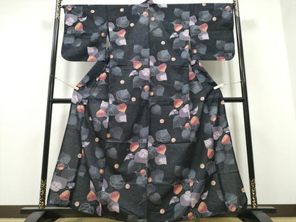 平和屋着物∴夏物　浴衣　枝葉文　黒地　綿　逸品　CABH1302ng