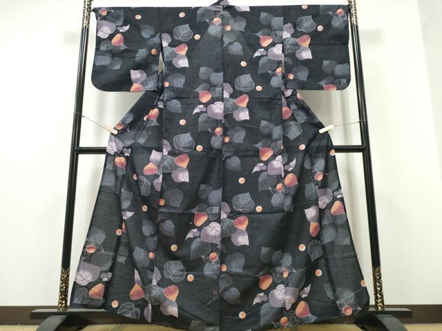 平和屋着物∴夏物　浴衣　枝葉文　黒地　綿　逸品　CABH1302ng