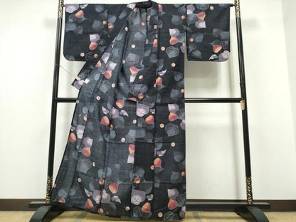 平和屋着物∴夏物　浴衣　枝葉文　黒地　綿　逸品　CABH1302ng