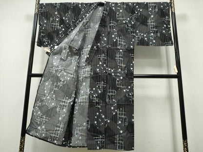 平和屋着物∴夏物　男性　リョウコキクチ　Ryoko Kikuchi　浴衣　綿紅梅　切嵌吉祥文　黒地　ラメ糸　綿　逸品　未使用　CABH1307ng