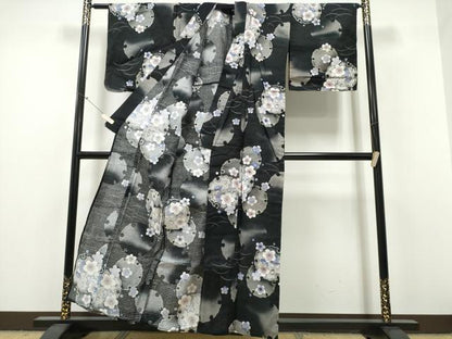 平和屋着物∴夏物　浴衣　芝草雪輪梅文　黒地　綿　逸品　CABH1309ng