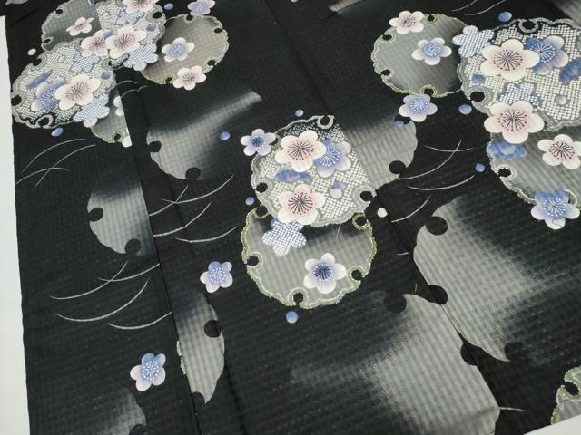 平和屋着物∴夏物　浴衣　芝草雪輪梅文　黒地　綿　逸品　CABH1309ng