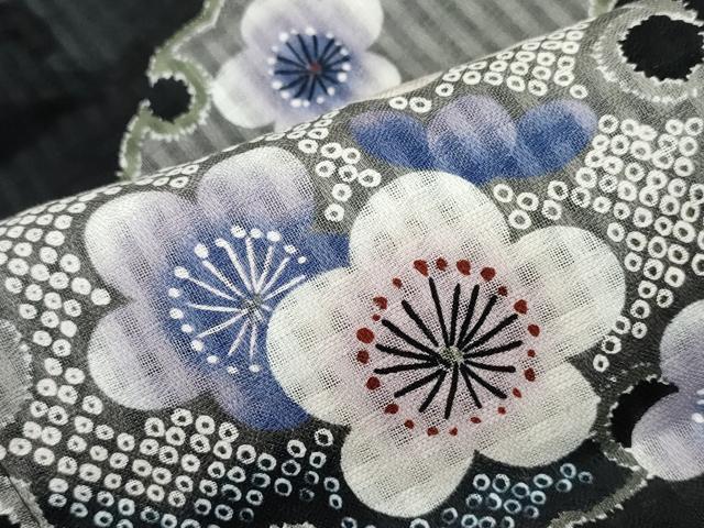 平和屋着物∴夏物　浴衣　芝草雪輪梅文　黒地　綿　逸品　CABH1309ng