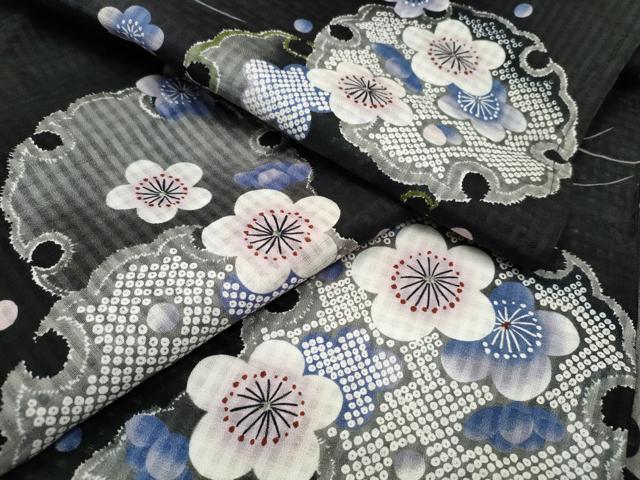 平和屋着物∴夏物　浴衣　芝草雪輪梅文　黒地　綿　逸品　CABH1309ng