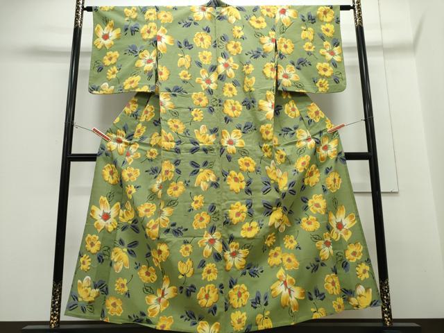 平和屋着物∴夏物　浴衣　注染　手縫い　舞花文　綿　逸品　CABH1321ng