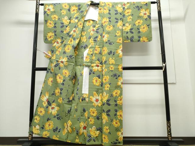 平和屋着物∴夏物　浴衣　注染　手縫い　舞花文　綿　逸品　CABH1321ng