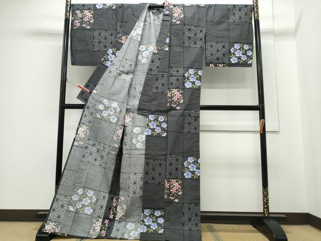平和屋着物∴夏物　浴衣　市松麻の葉草花文　SOME NO OUMI謹製　日本製　綿　逸品　CABH1324ng