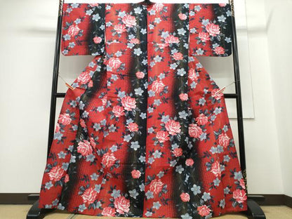 平和屋着物∴夏物　浴衣　手縫い　薔薇　間道　ラメ糸　綿　逸品　CABH1333ng