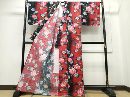 平和屋着物∴夏物　浴衣　手縫い　薔薇　間道　ラメ糸　綿　逸品　CABH1333ng
