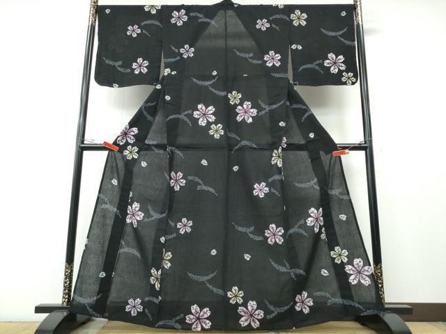 平和屋着物∴夏物　浴衣　有松鳴海絞り　芝草舞桜　黒地　綿　逸品　未使用　CABH1337ng
