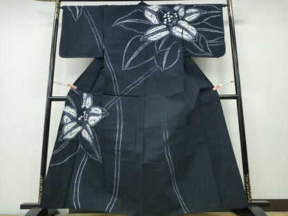 平和屋着物∴夏物　浴衣　有松鳴海絞り　訪問着　百合　ゆり　濃紺地　綿　逸品　CABH1340ng