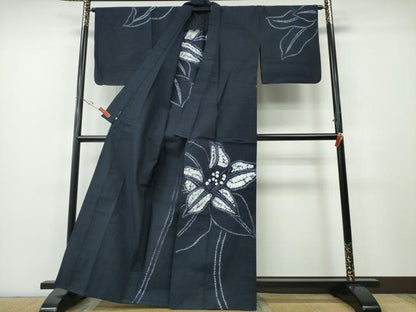 平和屋着物∴夏物　浴衣　有松鳴海絞り　訪問着　百合　ゆり　濃紺地　綿　逸品　CABH1340ng